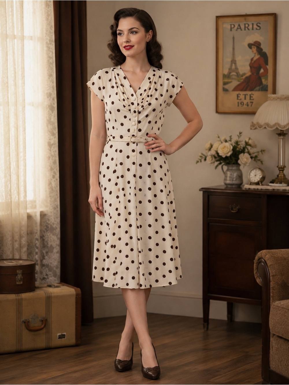 1940s Vintage Cream Brown Polka Dot Midi Dress - Flaws